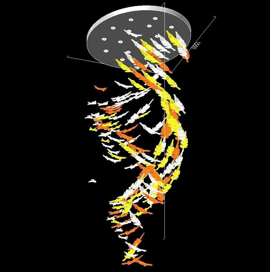 Đèn thông tầng dimmer lá lông vũ cao cấp 045PL4 gồm 16 đèn COB cao cấp màu đen D55 , 160 lá lông vũ đại cao cấp, mâm inox gương đen hình elip KT(mm): L1500 x W1200 x H3200